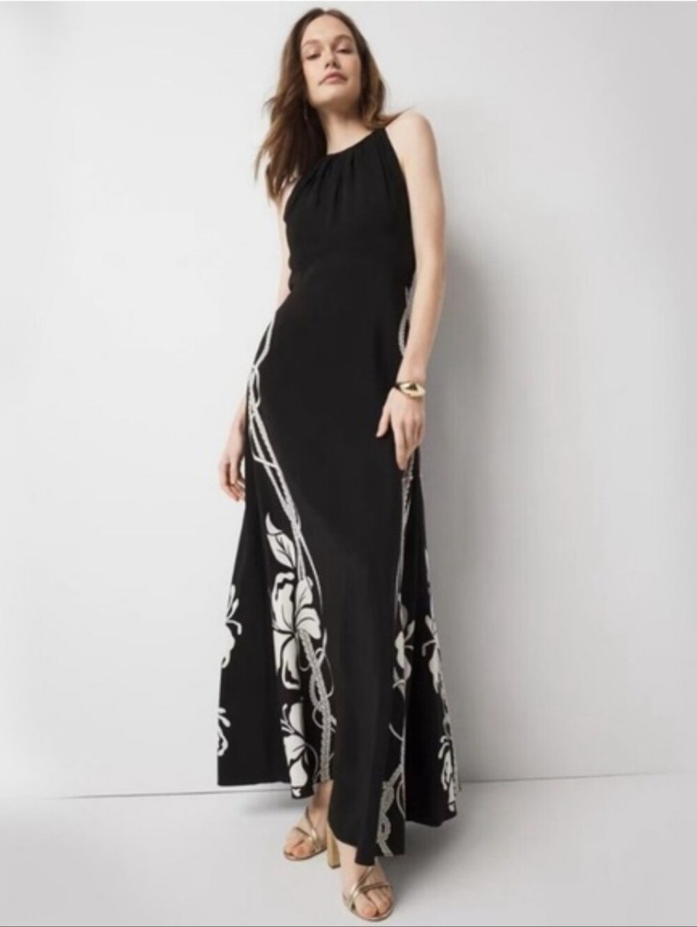 White House Black Market Black Maxi Dress with White Floral Panels
